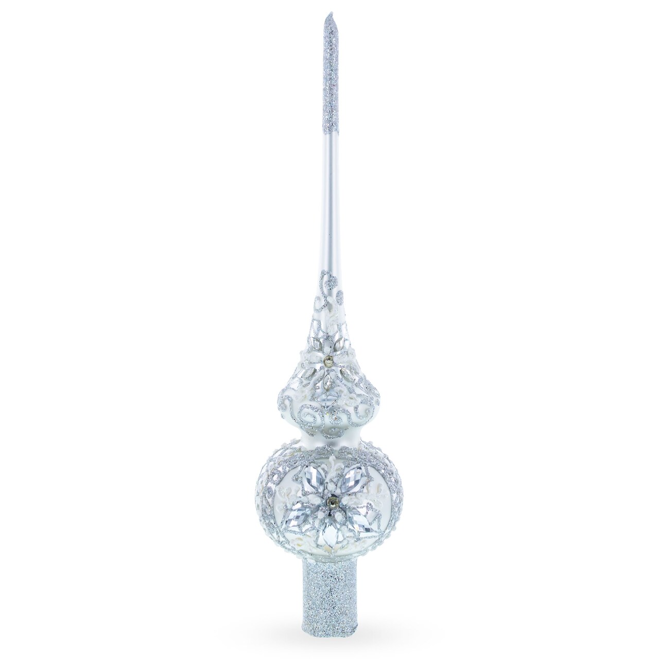 White Jewels Star on Glossy Silver Glass Christmas Tree Topper 11 Inches